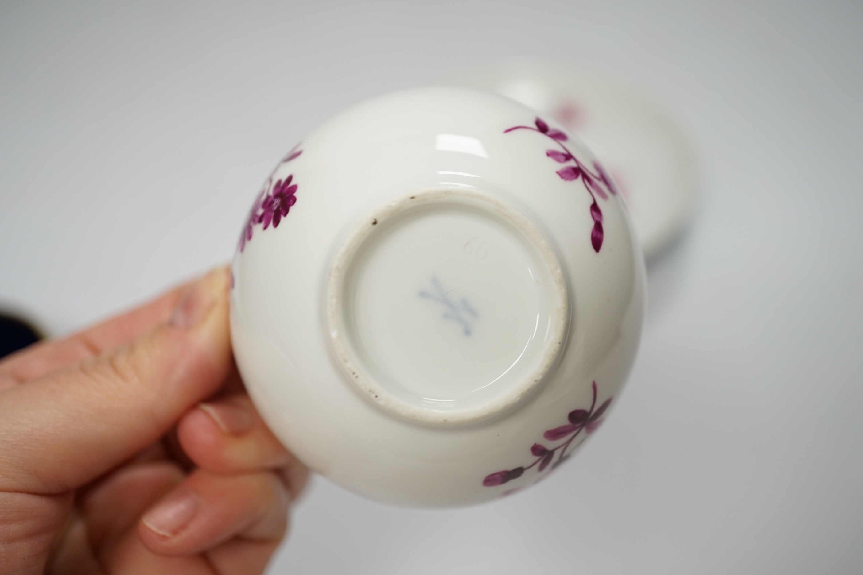 A 19th century Meissen plate and a late 18th century Meissen tea bowl and associated saucer, plate 20cm